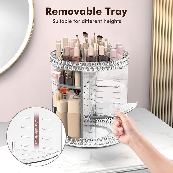 360° Rotating Acrylic Makeup Organizer – Multi-Tier Cosmetic Storage with Diamond-Cut Design