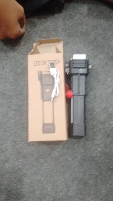 High-Power LED Torch Light – Rechargeable Flashlight with Tactical Hammer & Power Bank With Box, Random color